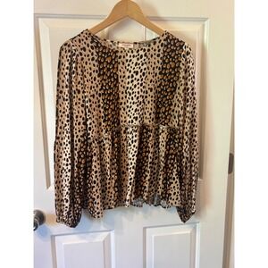 Andree by Unit Mixed Animal Print Babydoll Blouse Tan Black Leopard Large